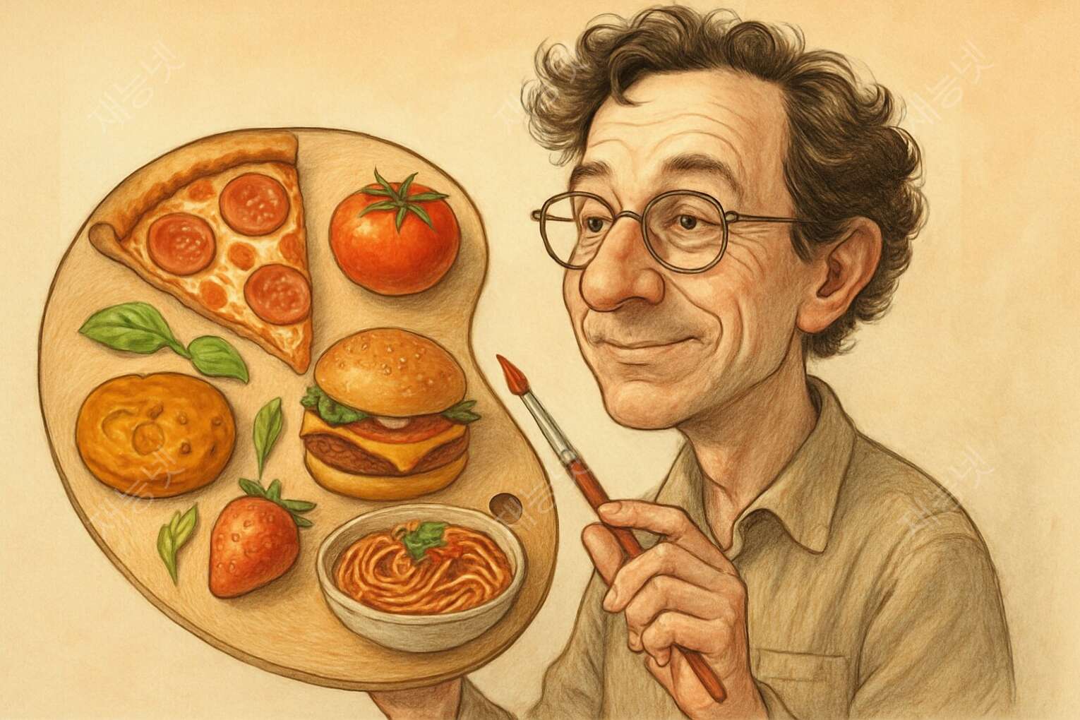 푸드 일러스트와 결합한 창의적 인물 캐리커처: 맛있는 예술의 세계로 초대합니다! 🍕🎨, image size:1530x1020