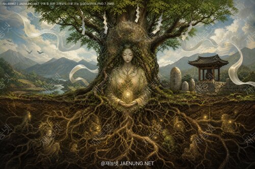 🌳 뿌리의 신령: 근신(根神)과 터전의식 — 한국 신화 속 땅과 뿌리의 신성한 세계