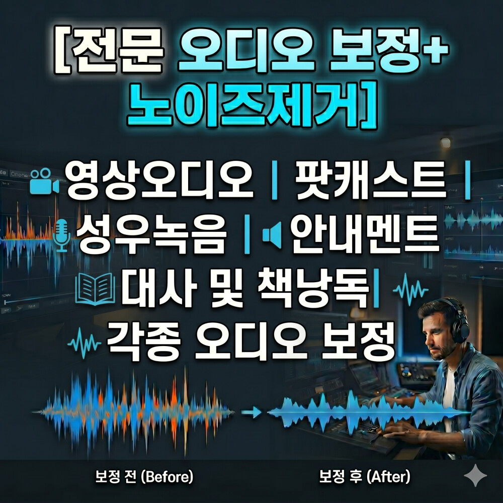 🎧 [전문 오디오 보정 + 노이즈제거] 영상오디오, 팟캐스트, 성우녹음, 안내멘트, 대사 및 책낭독, 각종 오디
