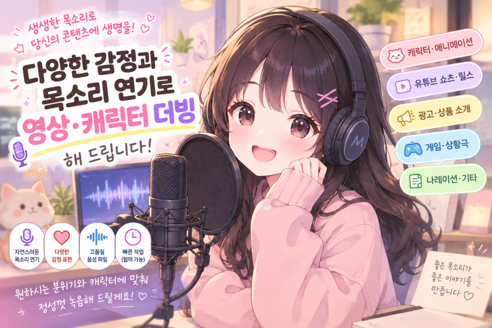 **다양한 감정과 목소리 연기로 영상·캐릭터 더빙 해 드립니다!**