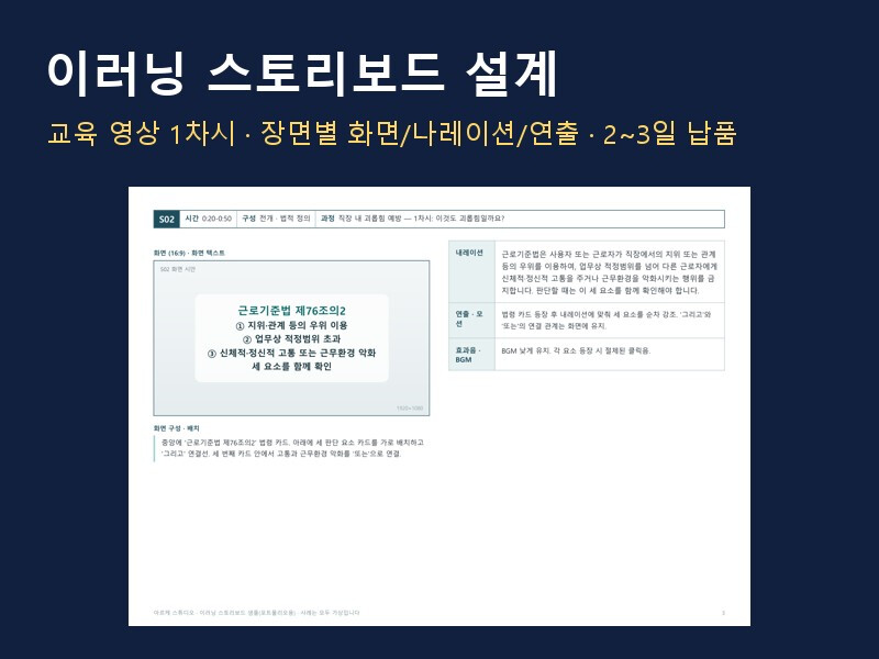 기업·공공 이러닝 교육영상 스토리보드(화면·나레이션·연출) 1차시 설계해 드립니다