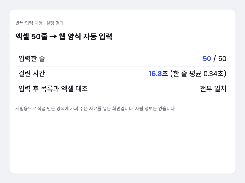 엑셀 → 웹 화면 반복 입력 자동화 — 넣고 나서 한 칸씩 대조까지