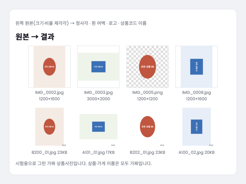 상품사진 폴더 → 정사각·로고·용량·상품코드 이름 한 번에 변환 프로그램