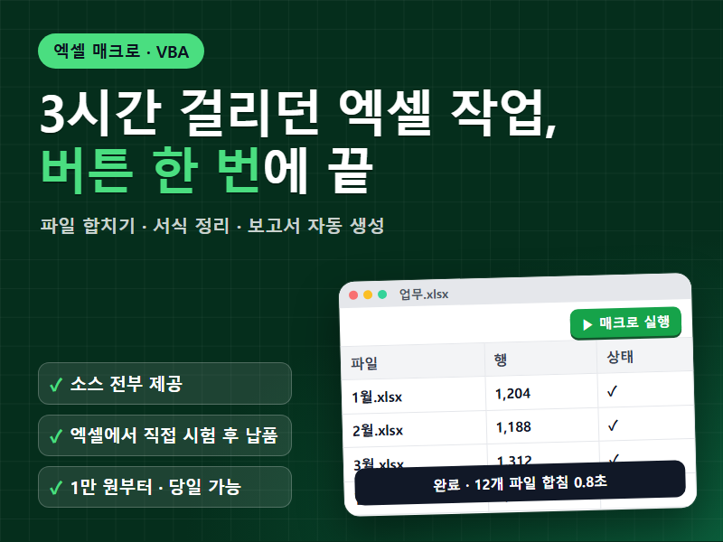 엑셀 매크로 VBA 자동화 3시간 걸리던 반복 작업을 버튼 한 번에 끝내 드립니다