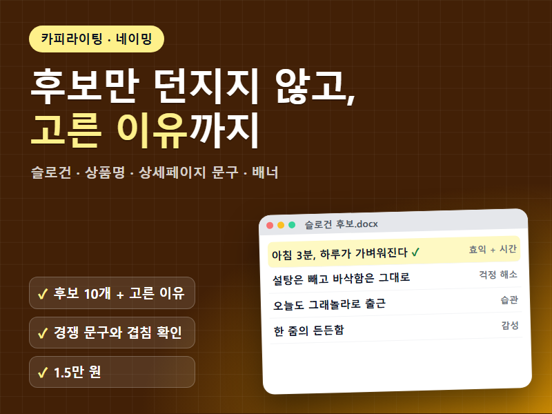 카피라이팅 슬로건 상품명 네이밍 후보 10개와 고른 이유 경쟁 문구와 겹치는지까지 확인