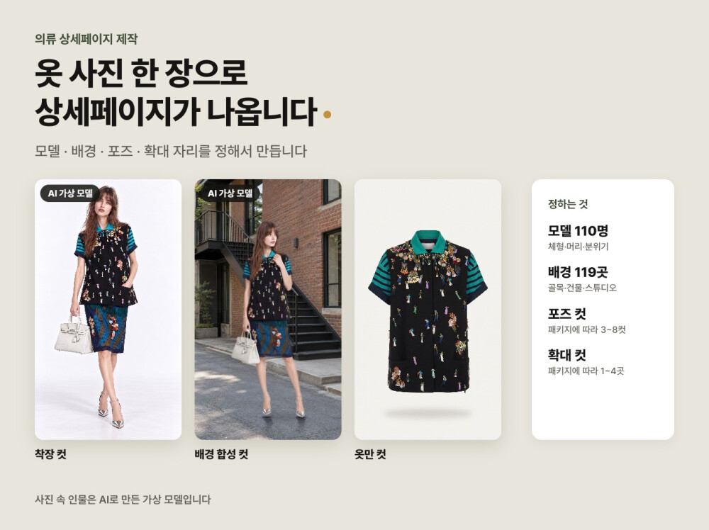 옷 사진 한 장으로 AI 모델 착장컷과 의류 상세페이지를 만들어 드립니다