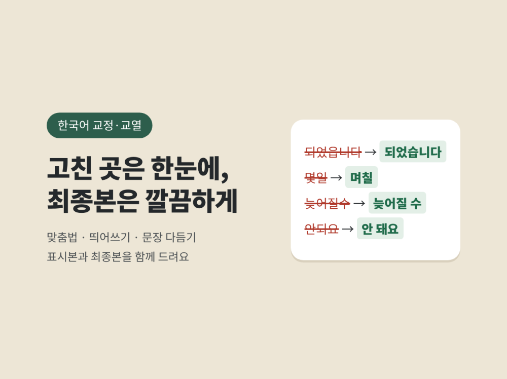 교정교열, 맞춤법·띄어쓰기 검사, 윤문 — 고친 곳이 보이는 표시본 제공(보고서·논문·자소서)