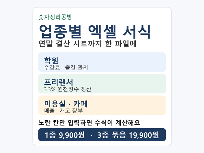 엑셀 서식 학원 수강료·프리랜서 3.3% 정산·미용실 카페 장부 완성 파일