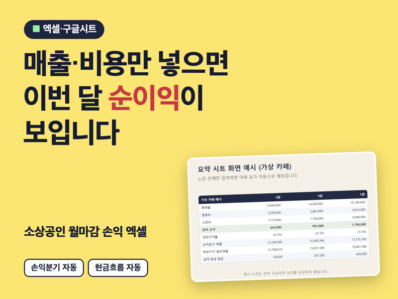 순이익·손익분기·현금흐름 자동계산되는 소상공인 월마감 손익 엑셀 서식 파일